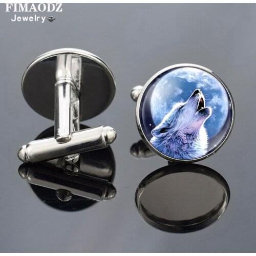 FIMAODZ Fashion Wolf Moon Cufflinks Punk Animal Glass Photo Viking Nordic Wolf Handmade Exquisite Cuff Links Buttons for Men