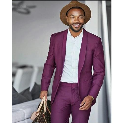 Purple Casual Slim Fit Tailored Made Suit For Men Shawl Lapel Tuxedo Suit 2 Pieces Wedding Mens Suits With Pants Terno Masculino