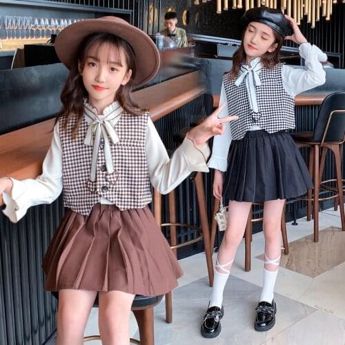 Clothes Girl Plaid Sets Autumn New Children Vest Shirt Pleated Skirt Three-piece Suit 12 13 14 Years Old School Kids Clothes
