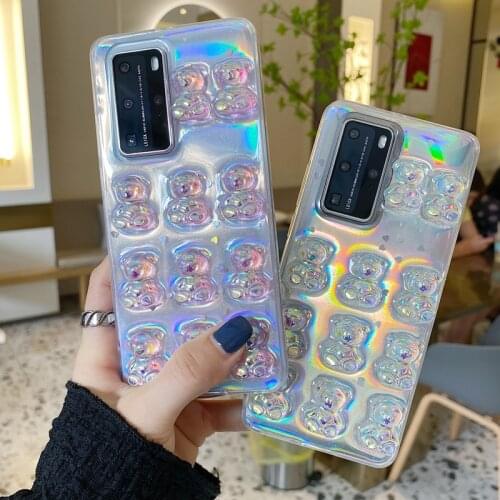INS Cute 3D Bear Glitter Laser Phone Case For Huawei p40 pro case For Huawei Nova 7 SE Pro mate 30 pro Soft TPU Clear Cover
