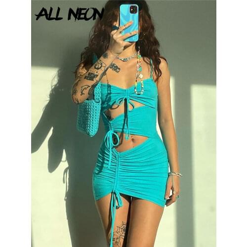 ALLNeon 90s Fashion Sexy Drawstring Backless Blue Cami Dress Y2K Clubwear Bandage Sleeveless Bodycon Cut Out Dress Party Outfits