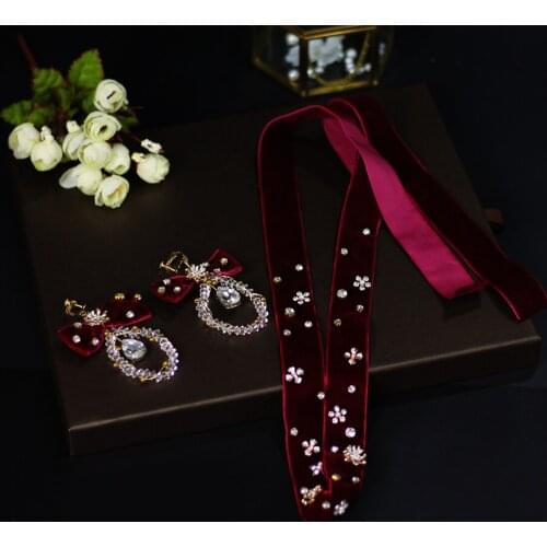 Elegant Bridal Headdress Exquisite Velvet Shiny Rhinestone Beaded Head Band Earrings Set for Wedding Perform Studio Travel MY020
