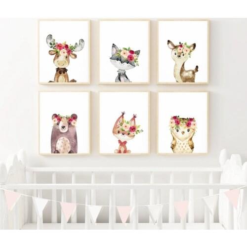 Watercolor baby animals Moose Canvas Poster Boho Nursery Wall Art Print Painting Floral Animals Pictures Baby Girl Room Decor