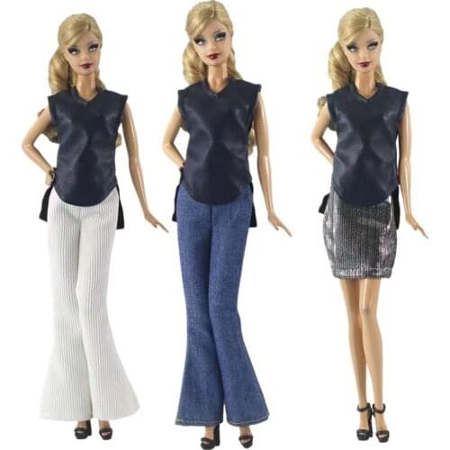 1/6 BJD Clothes Fashion Dark Blue Leather Sleeveless Shirt Top Skirt Pants Jeans Trousers for Barbie Doll Clothes Accessory Toys