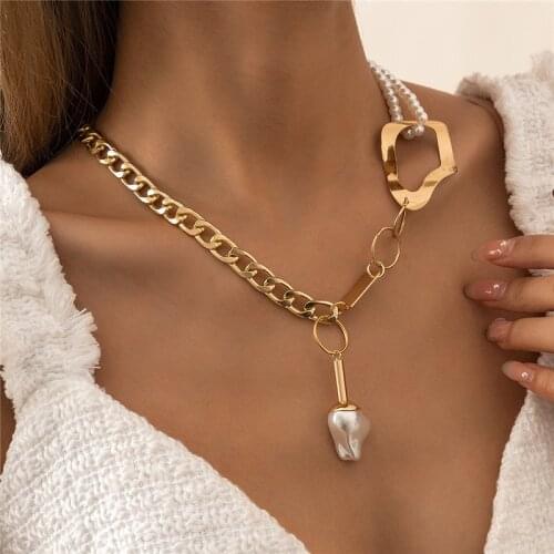 Baroque Imitation Pearl Pendant Necklace Irregular Geometry Iron Sheet Link Chain Choker Necklace for Women Jewelry Gifts