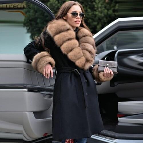 FUREALUX Real Sheep Fur Coat With Detachable Natural Silver Fox Fur Collar Autumn Winter Casual Fashion Warm Womens Clothing