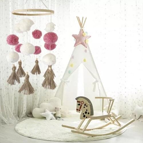 1PC Hanging Rattle Rotating Wood Baby Crib Rattles with Pompon Visually Appealing Crib Mobiles Rattle for Home