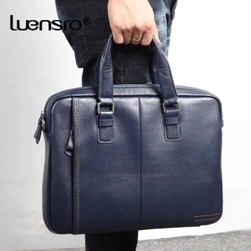 LUENSRO Man Briefcase Genuine Leather Shoulder Laptop Bag Office Bag For Men Briefcases Cow Leather Big Handbag Business Men Bag