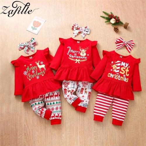 ZAFILLE 0-3Y Toddler Kids Christmas Costume For Baby Girl Clothes Sets Flying Sleeve Long T-shirt+Deer Pants New Years Clothes