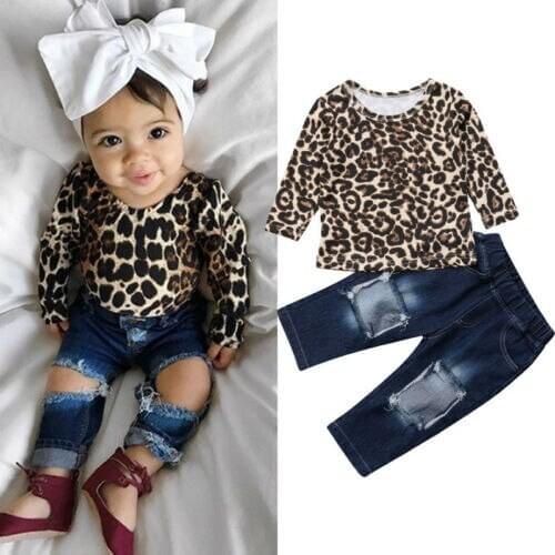 Toddler Baby Girl Leopard Long Sleeve Tops Shirt Ripped Denim Destroyed Jeans Pants Kids Clothes Outfits