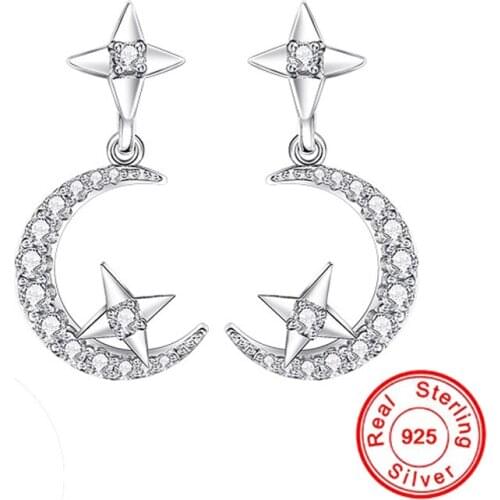 925 Sterling Silver Color Earring Moon Star AAA Zircon Earrings For Women Fashion Shiny Diamond Stone Drop Earrings Fine Jewelry