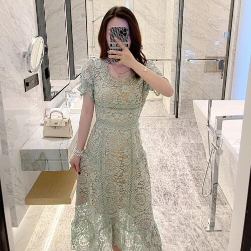 Mesh Party Vintage A-Line Dress Maxi Solid Green Print Elegant Lace Embroidery Boho Dresses Women Short Sleeve Summer Sexy 2021