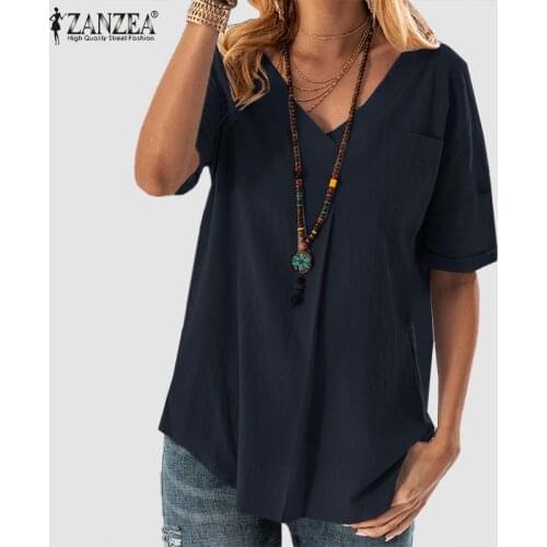 ZANZEA Summer Tunic Tops Women V Neck Short Sleeve Blouse Elegant Work OL Shirt Solid Casual Cotton Blusas Chemise Plus Size