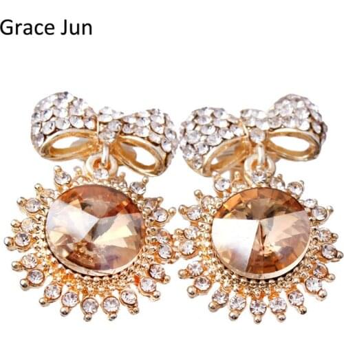 Grace Jun 6 Colors Choose Large Austria Crystal Clip on Earirngs Without Piercing for Women Charm Bowknot Rhinestone Earrings