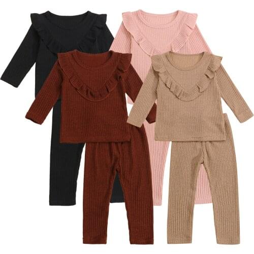 1-7Y Kids Girls Solid Color Knit Casual Outfit 2021 Autumn Baby Long Sleeve Ruffle Sweater + Pants Leggings Kids Clothes Sets