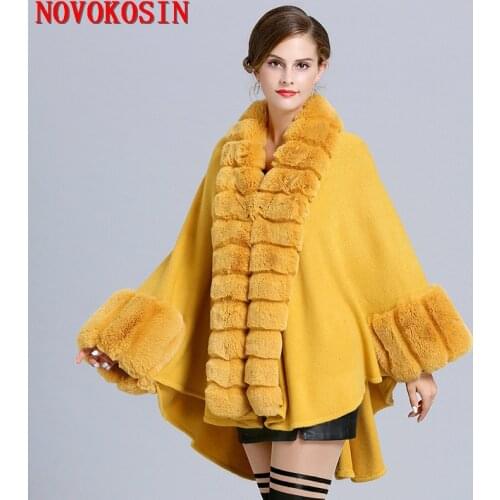 SC373 2019 Winter Coat Warm Big Striped Fur Neck Cloak Women Cardigan Faux Fox Fur Cape Knitted Poncho With Fur Batwing Sleeves