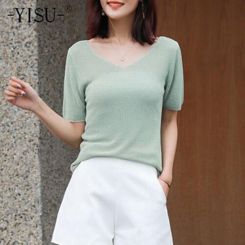 YISU Thin section Summer Womens sweaters Summer tops Solid color V-Neck Short sleeve Jumper Sweater Simple Knitted Pullover