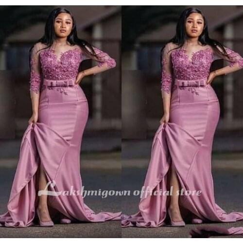 Dusty Rose Fashion Saudi Arabic Mermaid Evening Mother of the bride Dress Satin Applique 3/4 Sleeves Party Prom pageant Dress