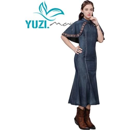 Summer Dress 2020 Yuzi.may Boho New Denim Women Dresses Stand Collar Cloak Sleeve Mermaid Vestidos A82200 Cheongsam Vestido