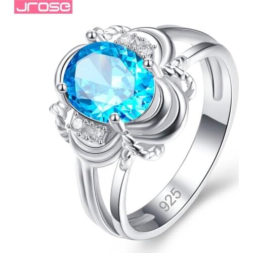 JROSE Fashion Oval Cut NEW 2019 Gifts Light Blue White Cubic ZirconSilver Rings For Women Jewelry Ring Size 6 7 8 9 Beautiful