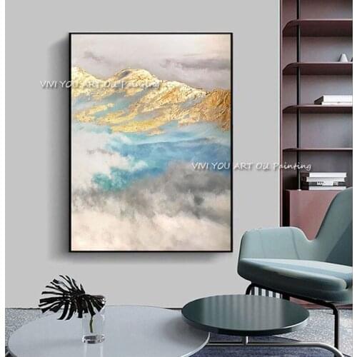 100% Hand Painted Blue Ocean Gold Foil Oil Painting Large Seascape Canvas Art for Home Decoration with No frame As A Gift