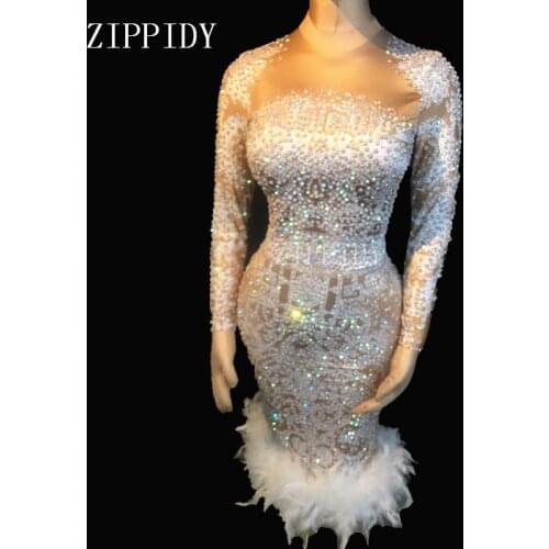 Sparkly AB stones Feather Dress Stretch Sexy Nightclub Bar Dance Wear Evening Celebrate Dress Costume Prom Birthday Dresses