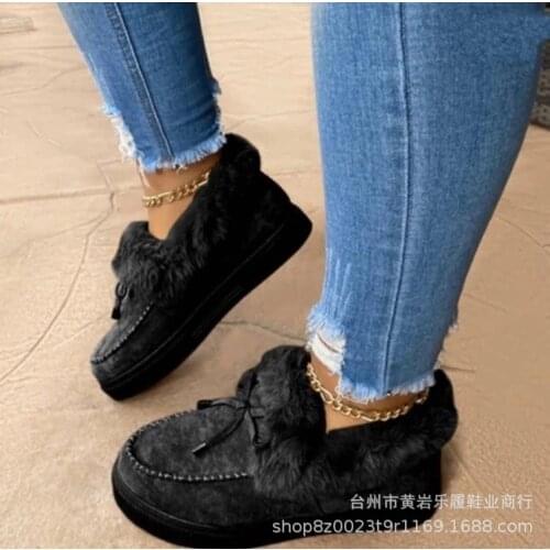 Winter Women Fur Shoes Fashion Bowknot Fluffy Slip-on Snow Boots Autumn Casual Warm Suede Plush Ladies Flat Platform Shoes