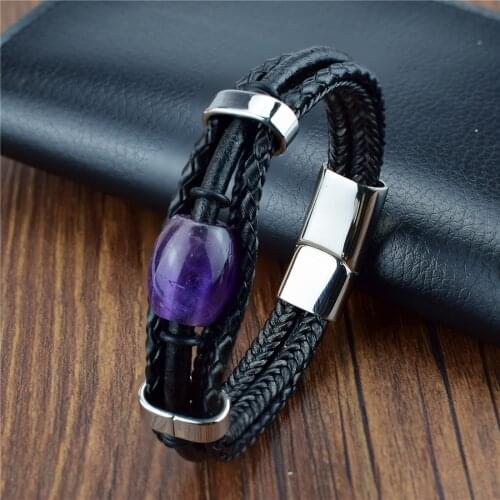 New Fashion Men Jewelry Natural Stone Genuine Leather Bracelet Stainless Steel Magnetic Clasp Amethyst Bead Bracelet Men Gifts