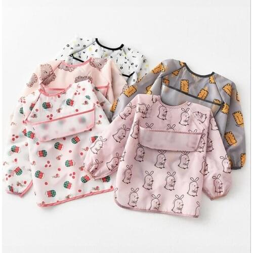 Baby Waterproof Long Sleeve Bibs with Pocket Infant Cartoon Print Washable Feeding Apron 0-4 Years