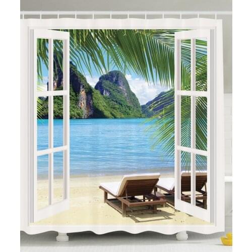Home Palm Tree Decor Ocean Beach Seascape Sunbeds Balcony Wooden Windows Summer Scene Island Fabric Shower Curtain