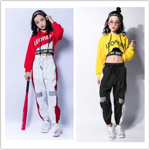 Jazz Dance Costumes Hip Hop Kids Long Sleeve Hooded Top Vest Pants Girls Hiphop Clothes Street Dance Stage Show Wear street danc