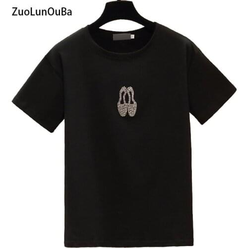 ZuoLunOuBa New Fashion Summer Women T Shirt Hot Drilling Geometric Pattern Short Sleeve Cotton Tees Female Trend Slim Tops
