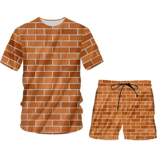IFPD Red Brick Wall Print 2 Pieces Set Soprts T Shirt + Shorts Men Brick Splicing Sweatshirts Plus Size Tracksuit Couple Outfit