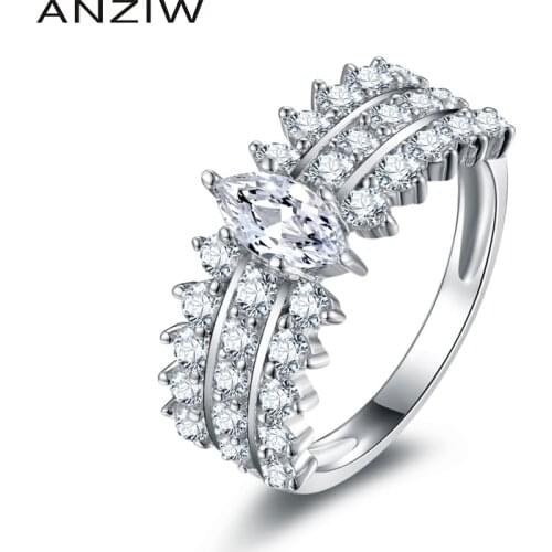 ANZIW 925 Sterling Silver Marquise Cut Engagement Wedding Ring Fancy Triple Row Tiny Eternity Anniversary SONA Ring Women Rings