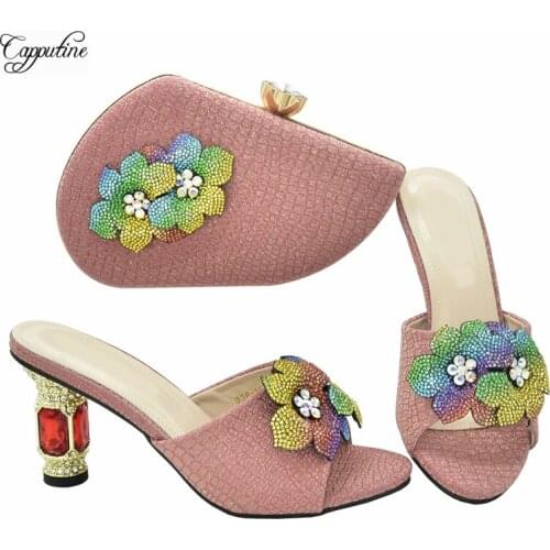 New Women Shoes And Bags Set Fashion African Ladies High Heels Coral Slippers With Purse Handbag Pumps Clutch 938-13 Height 9CM