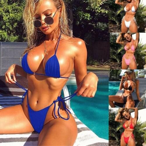 Sexy Women Summer Bikini Set Push Up Halter Backless Low Waist Swimsuit Swimwear Solid Bathing Beachwear