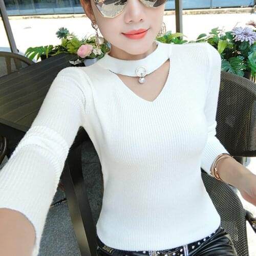 Shintimes Basic Sweater Women Pullover Knitted Black Sexy V-Neck Women Sweaters Top Autumn Winter Soft Elasticity Pull Femme