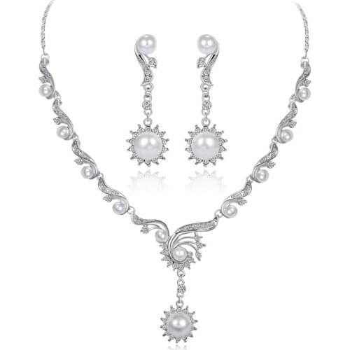 MIQIAO Silver Plated Luxury Crystal Pearl Stud Piercing Earring Drop Pendant Collar Necklace Jewelry Sets for Women Wedding Gift