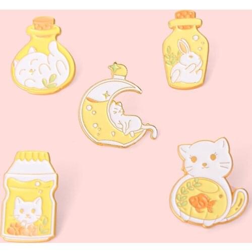 Cartoon Exquisite Cat Badge Fashion Cute Yogurt Drifting Bottle Rabbit Fish Tank Metal Enamel Brooch Lapel Backpack Jewelry Gift