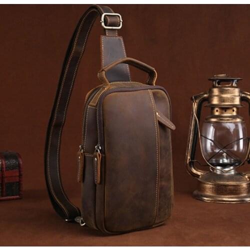 Men Crazy Horse Cowhide Chest Bags Shoulder Messenger Bag Casual Retro Handbag Cross Body Sling Back Day Pack