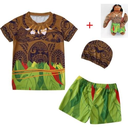 New Baby Boys Swimming T-shirt shorts cap set Children boy Moana Maui shorts Vaiana clothing swimsuit Kids swimwear trunks