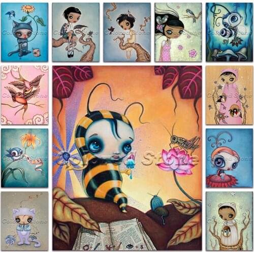 New 5D Full Square Diamond painting embroidery Cross stitch Cartoon cute girl bird bee flower DIY Round Drill Drawing mosaic 035