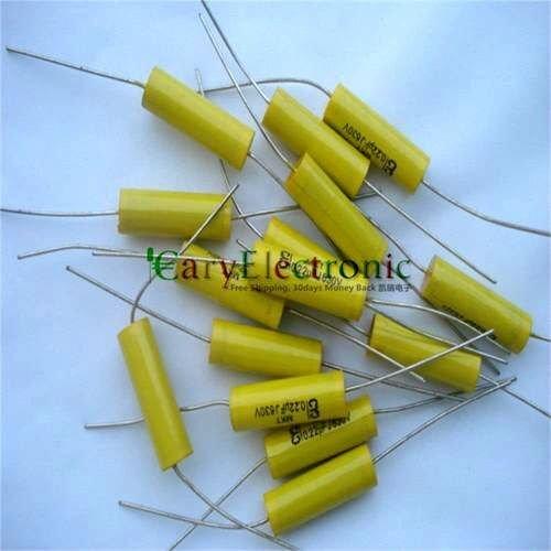 Wholesale 50pcs long leads yellow Axial Polyester Film Capacitors electronics 0.22uF 630V fr tube amp audio free shipping