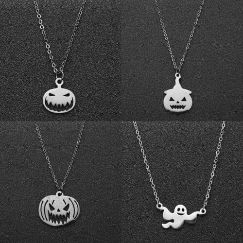 Stainless Steel Halloween Pendant Necklace For Women Kids Pumpkin Spooky Ghost Grinning Smile Choker Necklace