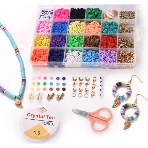 Flat Round Polymer Clay Spacer Beads Kit Charms Elastic String Lobster Clasp Box For Jewelry Making DIY Bracelets Earring Set