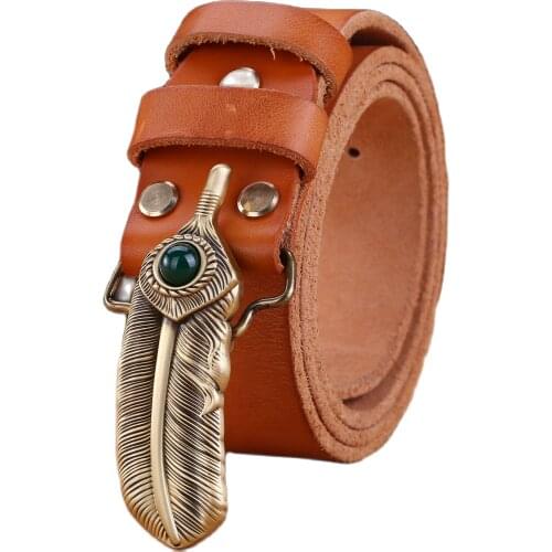 Solid brass buckle leaf gemstone gold genuine leather full grain mens belt luxury cowboy strap girdle 2019 vintage riem