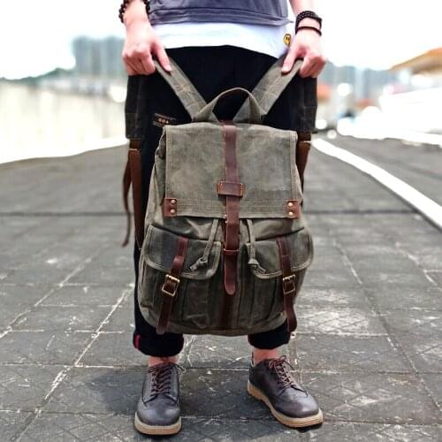 Backpack Oil Wax Canvas Retro Outdoor Mountaineering Travel Waterproof Laptop Bag