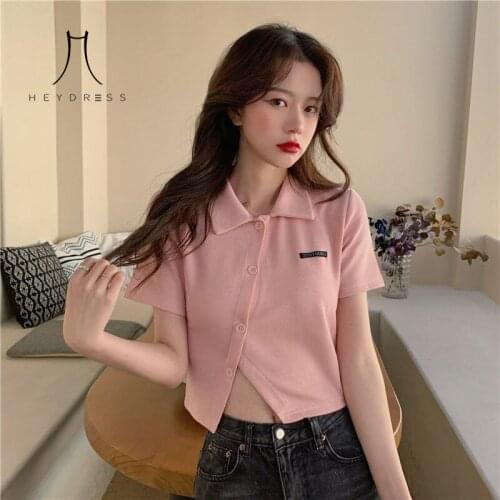 Heydress Summer Cotton Cartoons Pink White Botton Blouse Women Turn Down Collar Short Sleeve Crop Top Female Irregular Shirts