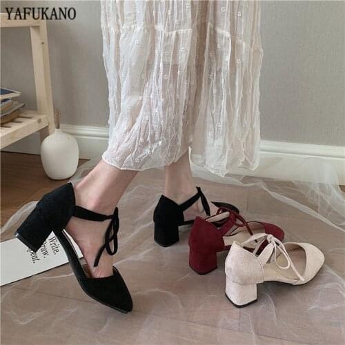 Simple Fashion Mid Hollow High Heels 2020 Autumn Square Heel Casual Single Shoes Elegant Party Dress Pumps Lace-Up Women Shoes