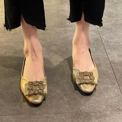 Women Flats 2021 Autumn Summer Crystal Boat Shoes Shallow Metal Slip on Flat Shoes Woman Loafers Comfort Zapatos Mujer 9330G